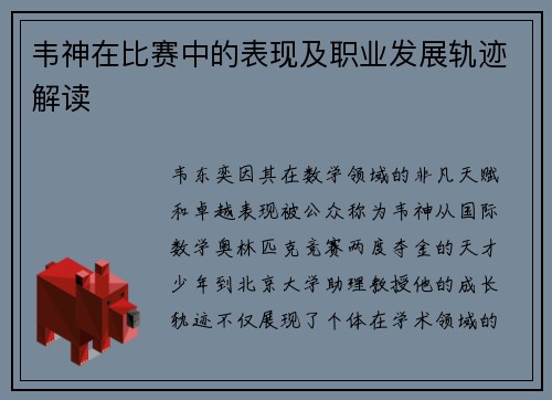 韦神在比赛中的表现及职业发展轨迹解读