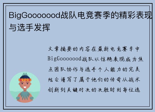 BigGooooood战队电竞赛季的精彩表现与选手发挥